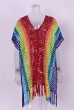 Rainbow Color Fashion Sexy Perforado Tassel See-through Bikini Traje de baño Protección solar Blusa