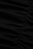 Zwarte casual effen patchwork tops met vouw-o-hals