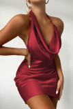 Red Fashion Sexy Solid Backless Halter Wrapped Skirt Dresses