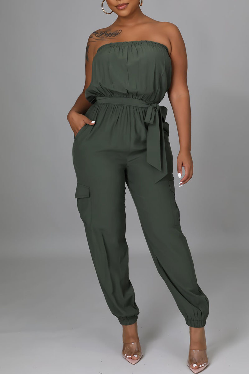 

Army Green Sexy Solid Split Joint Strapless Straight Jumpsuits