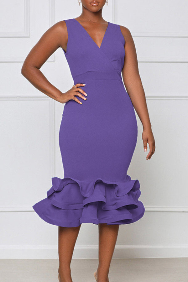 Фиолетовое модное сексуальное твердое лоскутное вечернее платье с V-образным вырезом