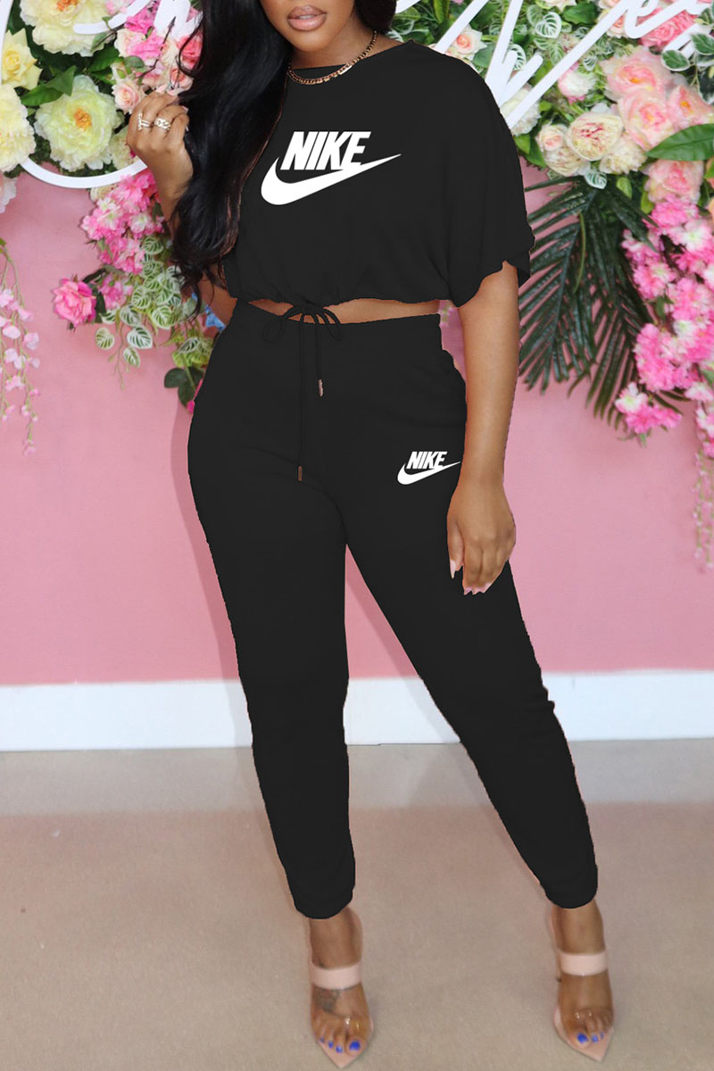 

Black Fashion Casual Print Letter O Neck Short Sleeve Two Pieces