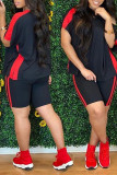 Красный Повседневная спортивная одежда Однотонный Лоскутный О-образный вырез С короткими рукавами Из двух частей