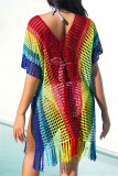 Rainbow Color Fashion Sexy Pierced Tassel See-through Bikini Swimwear Sun Protection Blouse