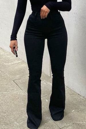 Black Casual Street Solid Patchwork High Waist Flare Leg Boot Cut Denim Jeans