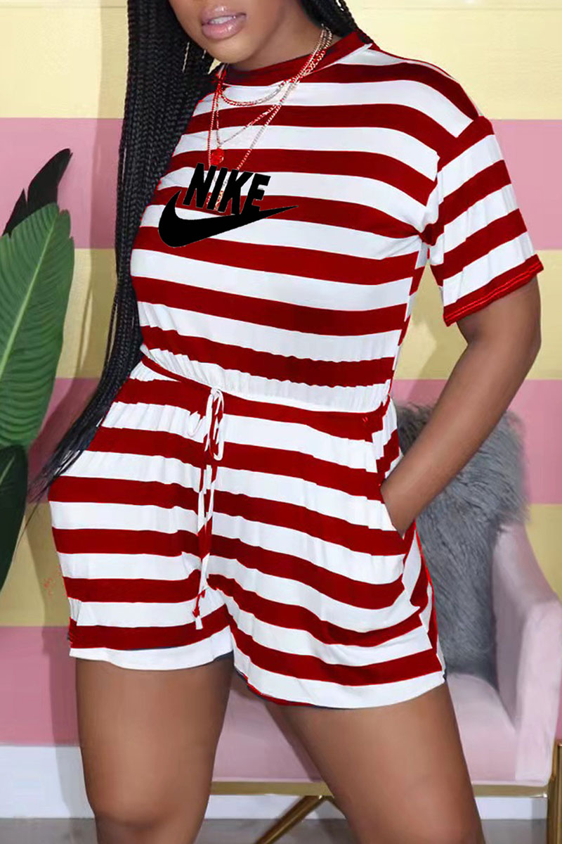 

Deep Red Fashion Casual Striped Split Joint O Neck Jumpsuits