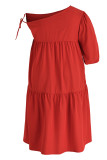 Vestido de manga curta casual plus size vermelho moda frênulo sólido gola oblíqua