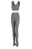 Grey Sexy Casual Solid Slit Fold U Neck Sleeveless Two Pieces