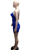 Blue Sexy Solid Patchwork See-through Spaghetti Strap Sleeveless Two Pieces