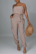 Aprikos Rosa Sexig Solid Patchwork Strapless Straight Jumpsuits