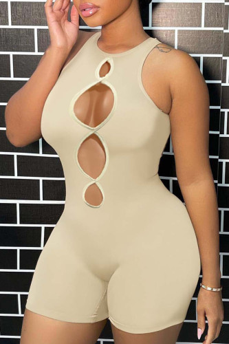 Khaki Sexy Solid Hollowed Out Patchwork O Neck Regular Rompers