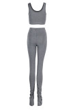 Grey Sexy Casual Solid Slit Fold U Neck Sleeveless Two Pieces