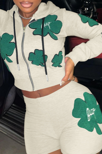 Khaki Sexy Print Patchwork Hooded Collar Long Sleeve Two Pieces