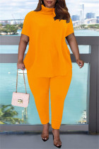 オレンジ ファッション カジュアル 無地 ベーシック タートルネック 半袖 ツーピース