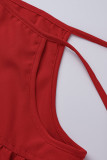 Red Fashion Casual Plus Size Solid Frenulum Schrägkragen Kurzarm Kleid