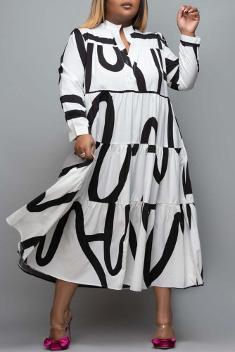White Fashion Casual Plus Size Striped Print Split Joint V Neck Shirt Dress