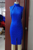 ブルーファッションカジュアルソリッドスリットビーズマンダリンカラーペンシルスカートプラスサイズのドレス