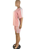 Roze casual sportkleding effen patchwork O-hals, twee stukken met korte mouwen
