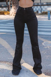Jeans in denim con taglio a stivale a vita alta patchwork solido nero casual da strada