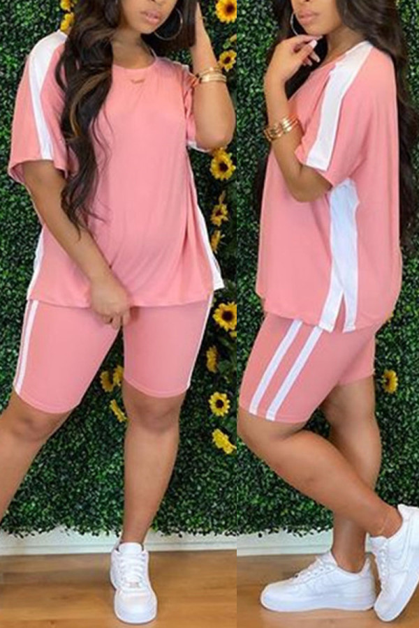 Розовая повседневная спортивная одежда Твердые пэчворки О-образным вырезом с короткими рукавами Из двух частей
