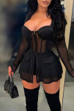 Black Sexy Solid Patchwork See-through Long Sleeve Two Pieces