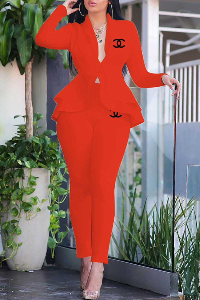 

Orange Fashion Work Solid Letter Turndown Collar Long Sleeve Two Pieces