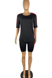 Black Casual Sportswear Solid Patchwork O Neck Short Sleeve Two Pieces
