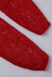 Rotes, sexy, solides, ausgehöhltes, durchsichtiges Patchwork-Zweiteiler mit V-Ausschnitt und langen Ärmeln