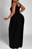 Black Sexy Casual Plus Size Print Backless Spaghetti Strap Long Dress