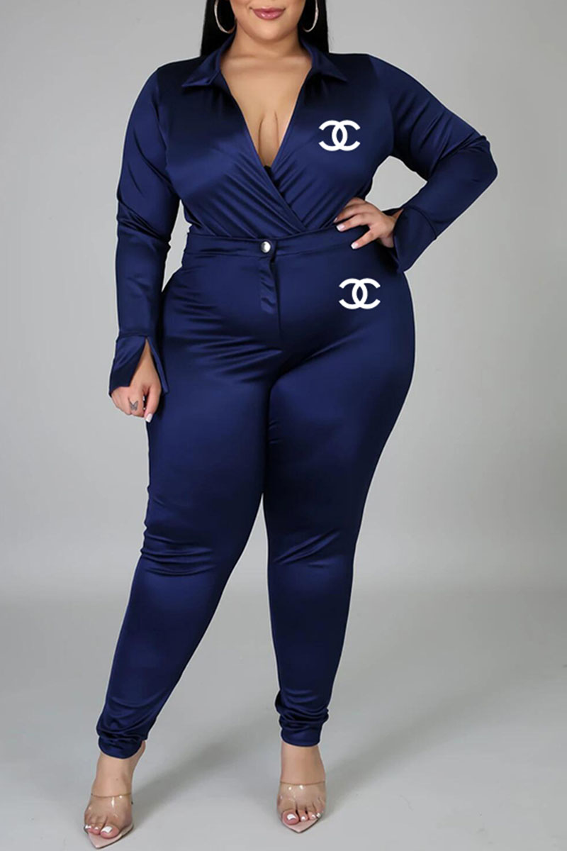 

Tibetan Blue Fashion Street Solid Letter Turndown Collar Plus Size Two Pieces