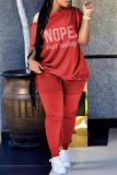 Red Fashion Casual Letter Hot Drilling Patchwork Oblique Collar Short Sleeve Two Pieces