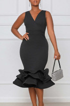 ブラック ファッション セクシー ソリッド パッチワーク V ネック イブニング ドレス