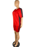 Rote lässige Sportbekleidung, einfarbig, Patchwork, O-Ausschnitt, kurze Ärmel, zweiteilig
