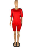 Red Casual Sportswear Solid Patchwork O Neck Short Sleeve Two Pieces
