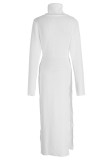 White Solid Patchwork Slit Turtleneck Straight Dresses