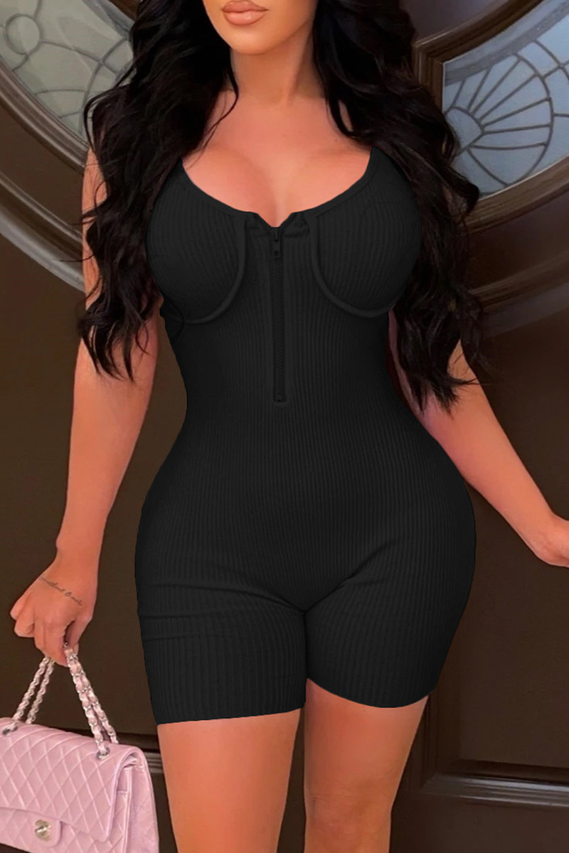 

Black Sexy Casual Solid Backless Spaghetti Strap Skinny Romper