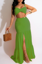 Green Sexy Solid Patchwork Spaghetti Strap Sleeveless Two Pieces