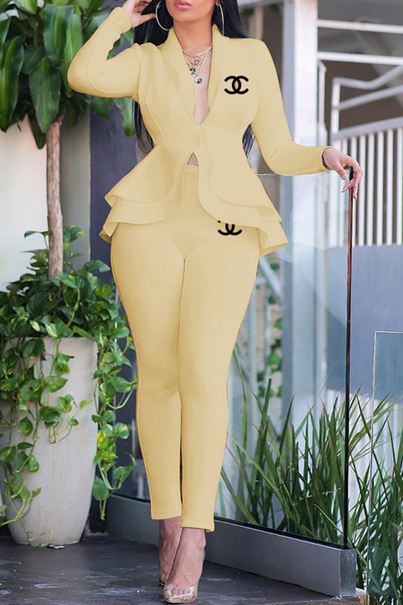 

Khaki Fashion Work Solid Letter Turndown Collar Long Sleeve Two Pieces
