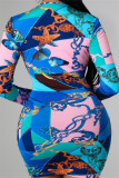 Blaue Mode Sexy Print Patchwork V-Ausschnitt Langarm Kleider