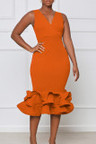Orange Fashion Sexy Solid Split Joint V Neck Evening Dress