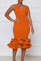Vestido de noite com decote em V em patchwork sólido sexy fashion laranja