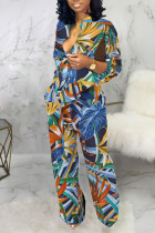 Blå Casual Print Patchwork V-hals Raka Jumpsuits