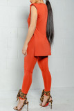 Tangerine Red Sexy Print Patchwork Slit O Neck Sleeveless Two Pieces