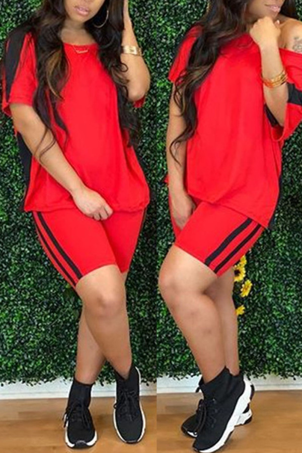 Красный Повседневная спортивная одежда Однотонный Лоскутный О-образный вырез С короткими рукавами Из двух частей