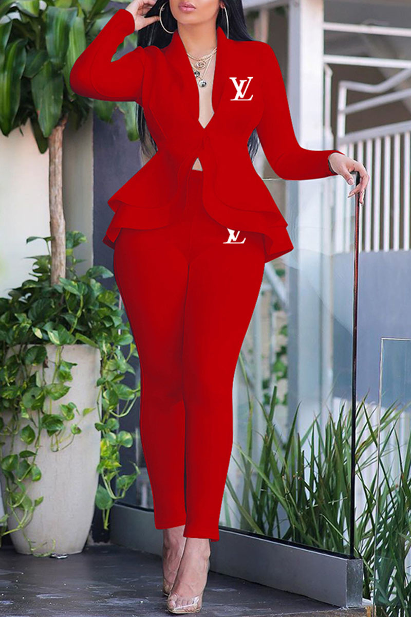 

Red Fashion Work Solid Letter Turndown Collar Long Sleeve Two Pieces