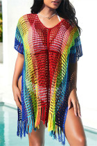 Regenboog kleur mode sexy doorboord kwastje doorschijnende bikini badmode zon bescherming blouse