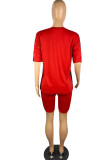 Vêtements de sport décontractés rouge, Patchwork uni, col rond, manches courtes, deux pièces