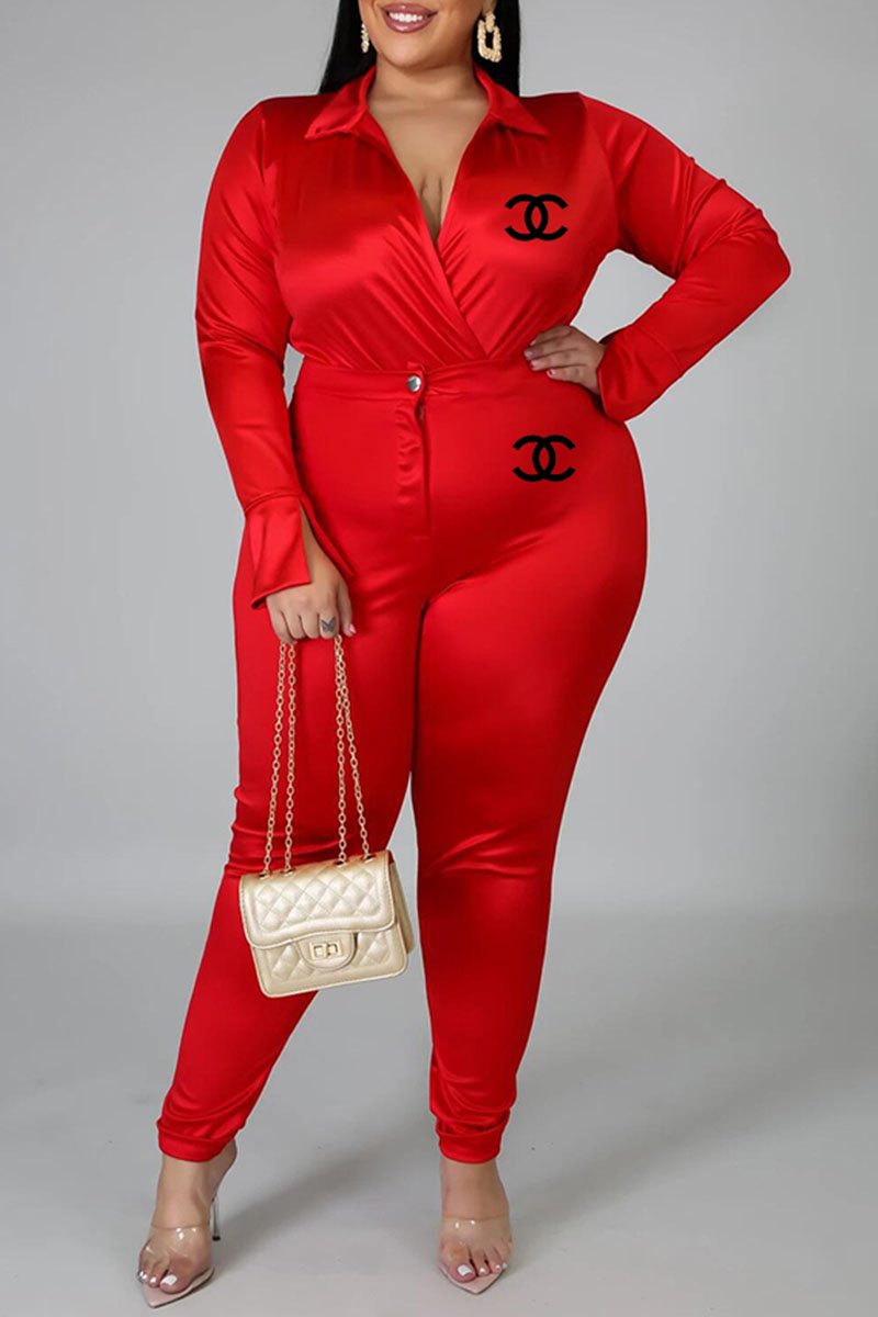 

Red Fashion Street Solid Letter Turndown Collar Plus Size Two Pieces