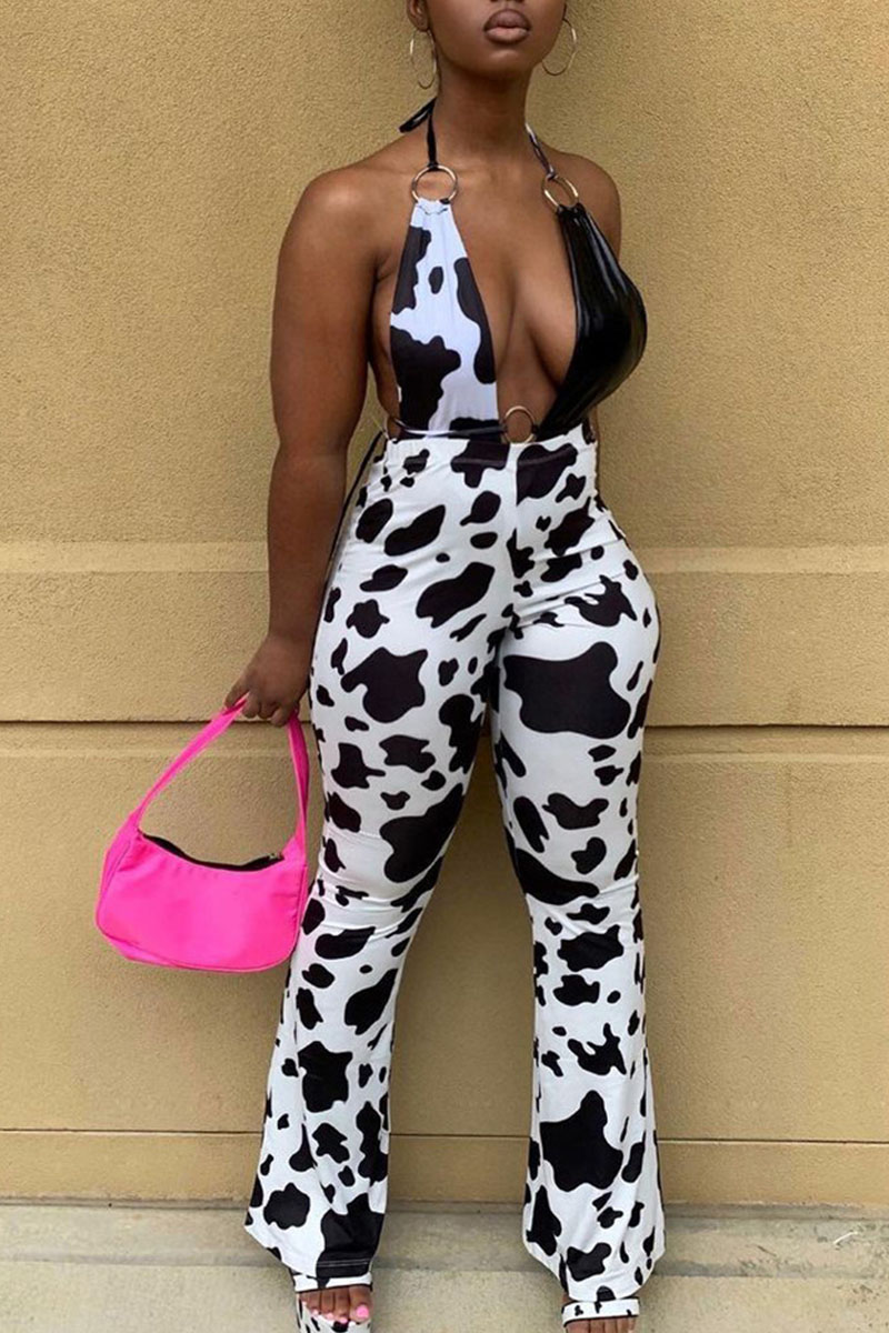 

Black Sexy Print Split Joint Backless Halter Regular Jumpsuits