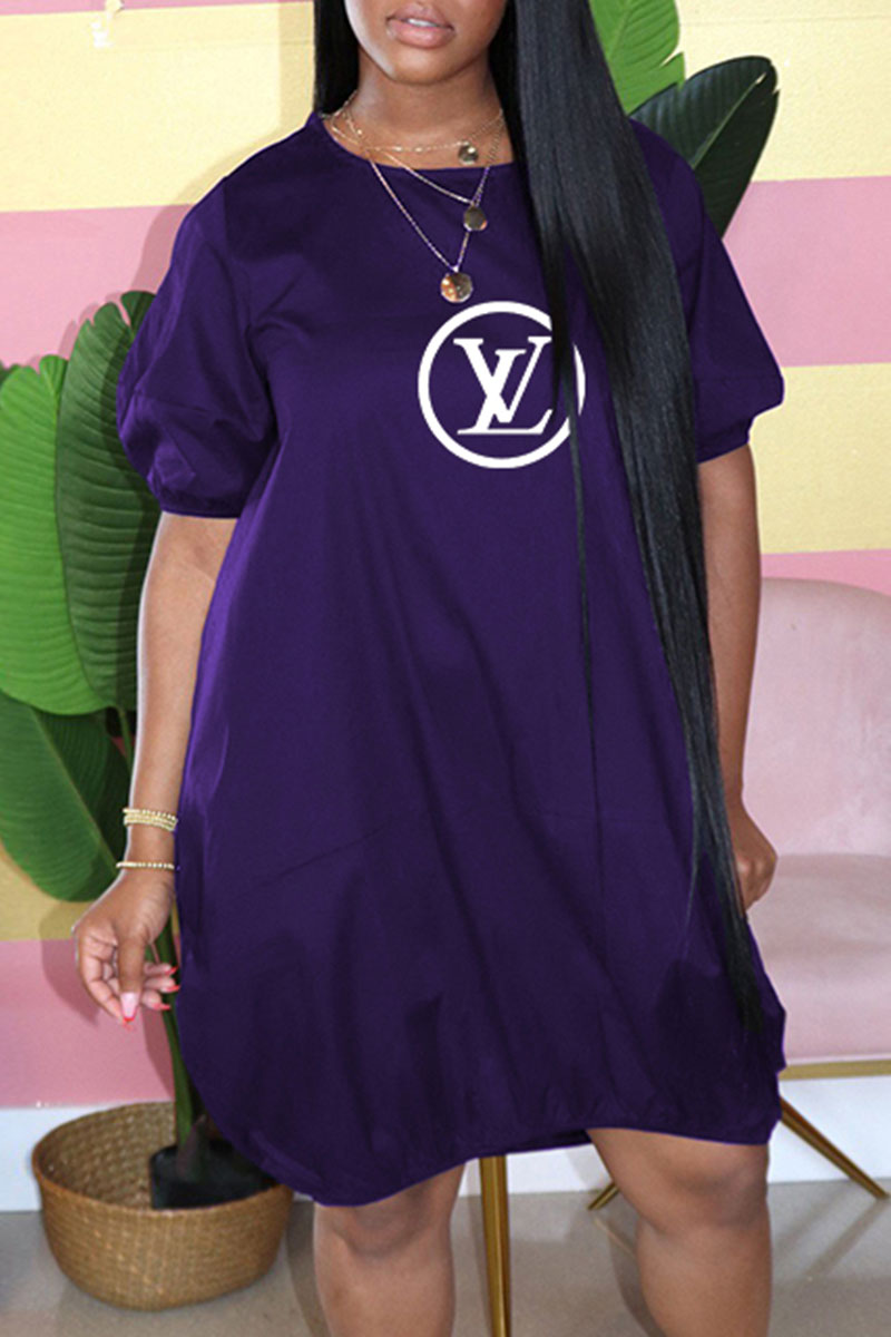 

Purple Fashion Casual Print Letter O Neck Lantern Skirt Dresses